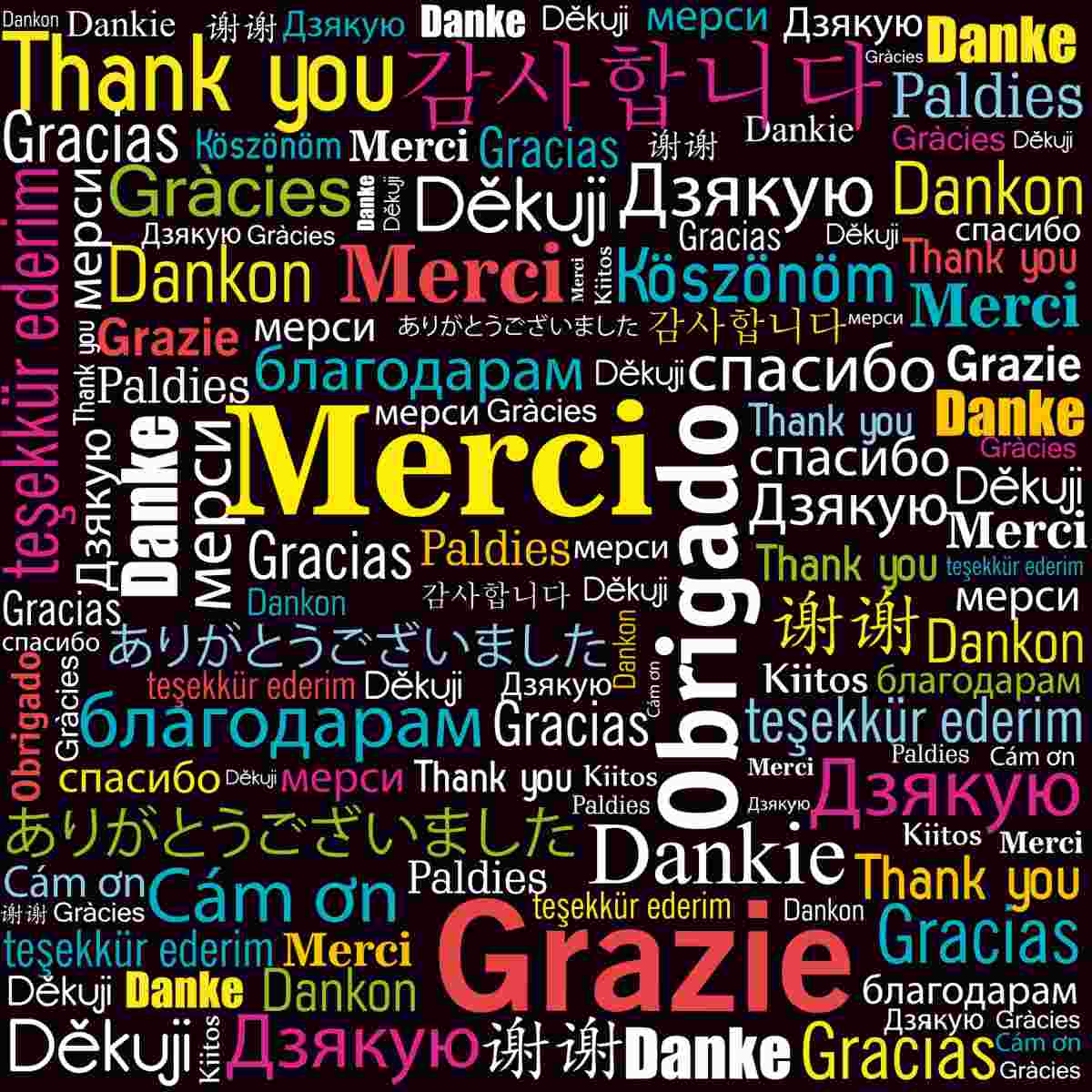 A black background with the words "thank you" written in many different languages to celebrate World Gratitude Day, the words are going in different directions, and are of different color text.