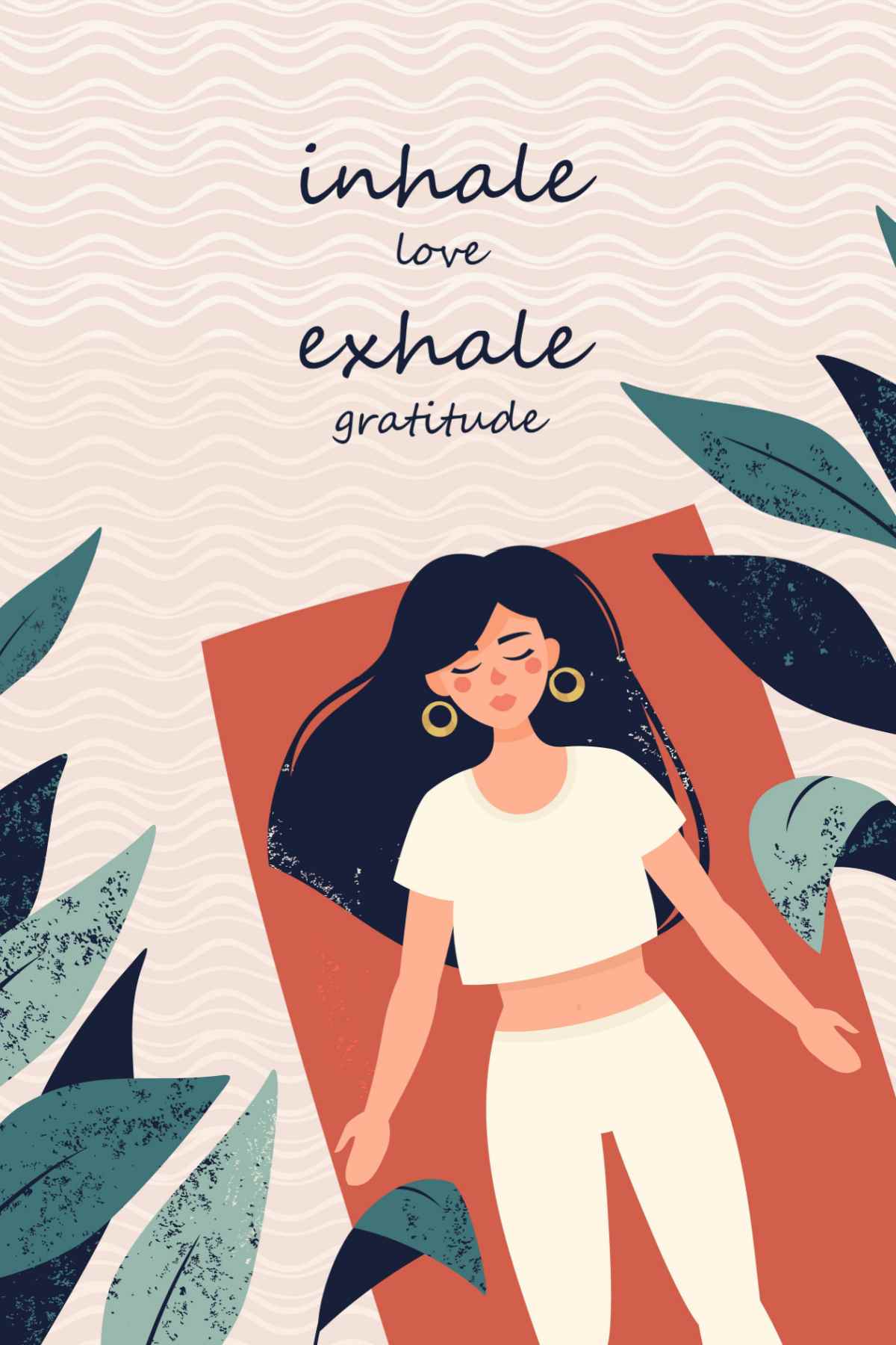 A graphic of a woman doing yoga, lying on an orange yoga mat in shavasana surrounded by plants with a text overlay that reads "inhale love, exhale gratitude".