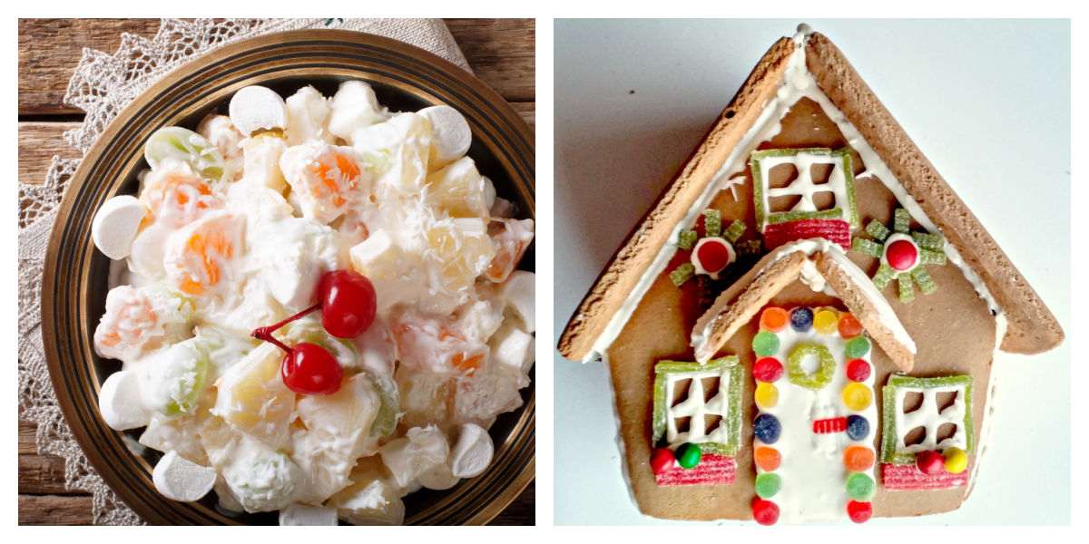 Ambrosia salad and decorated gingerbread house in a collage.