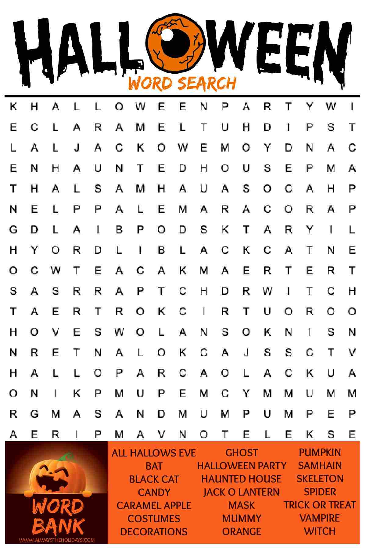 A word find with the word "halloween" at the top, with an eyeball for the "O" above a free Halloween word search printable with a word bank at the bottom.