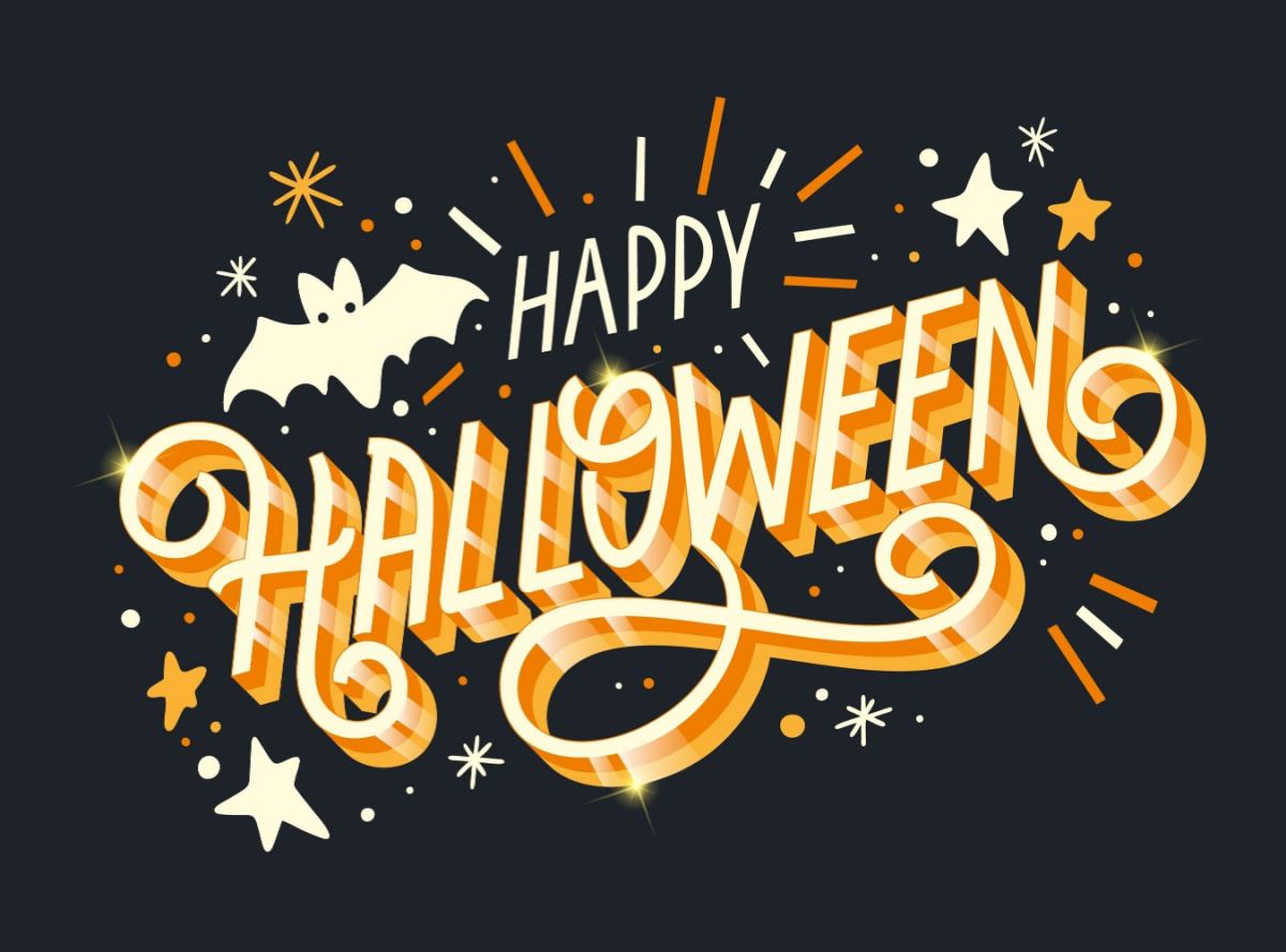A happy Halloween graphic on a slate grey background with a bat and stars around the words.