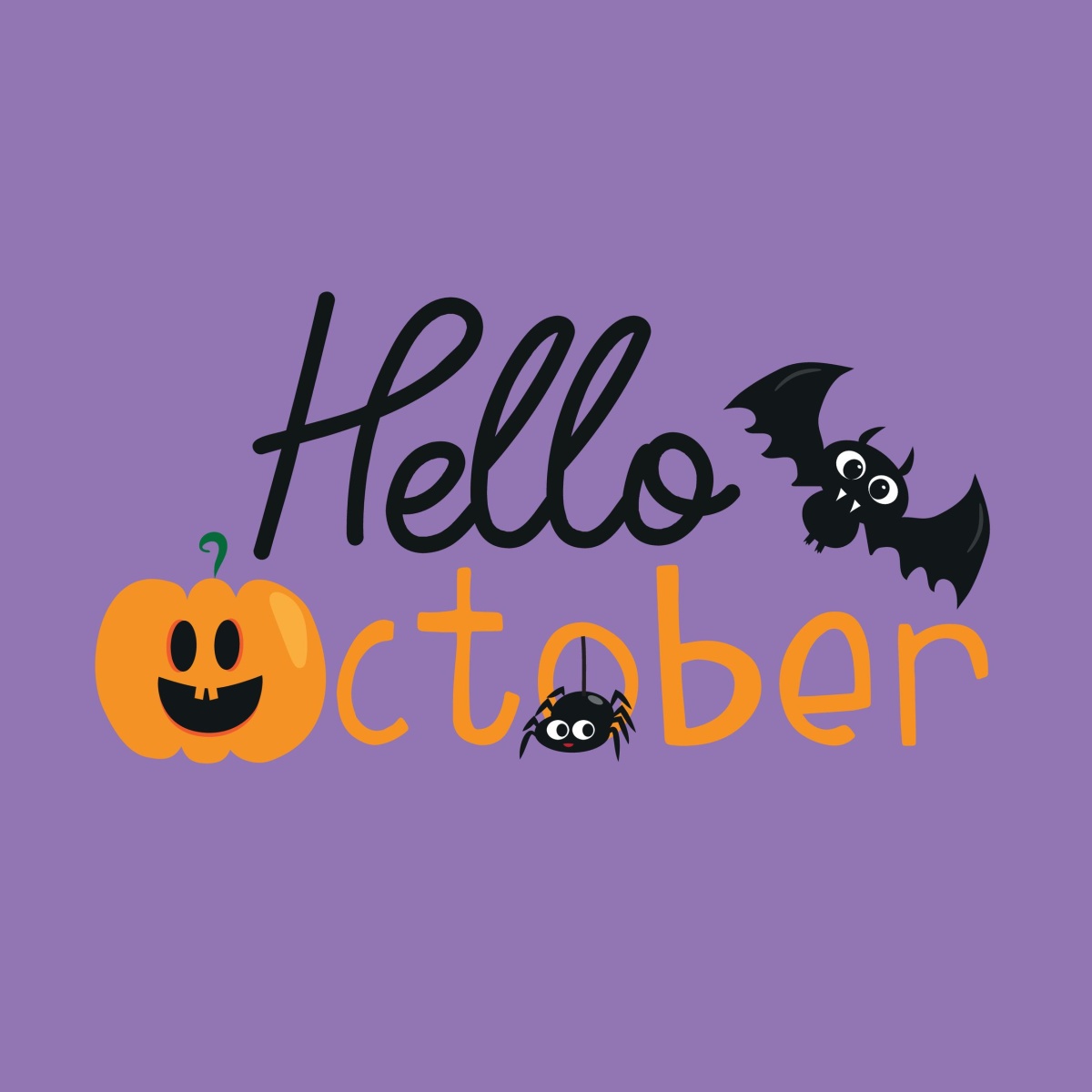 A Halloween graphic with the words "Hello October" on a purple background with a black bat and an orange jack o lantern.
