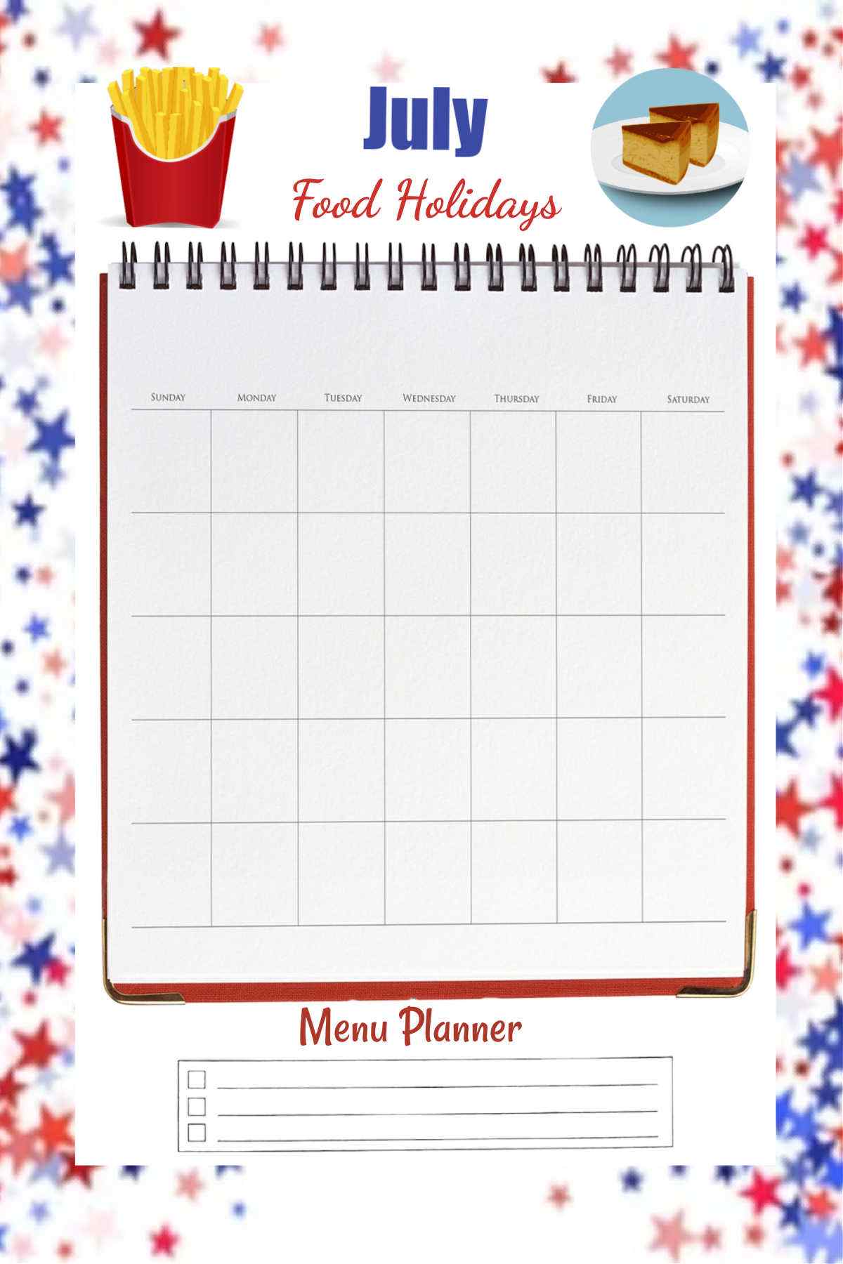 Patriotic background with a meal planner for July over the top.
