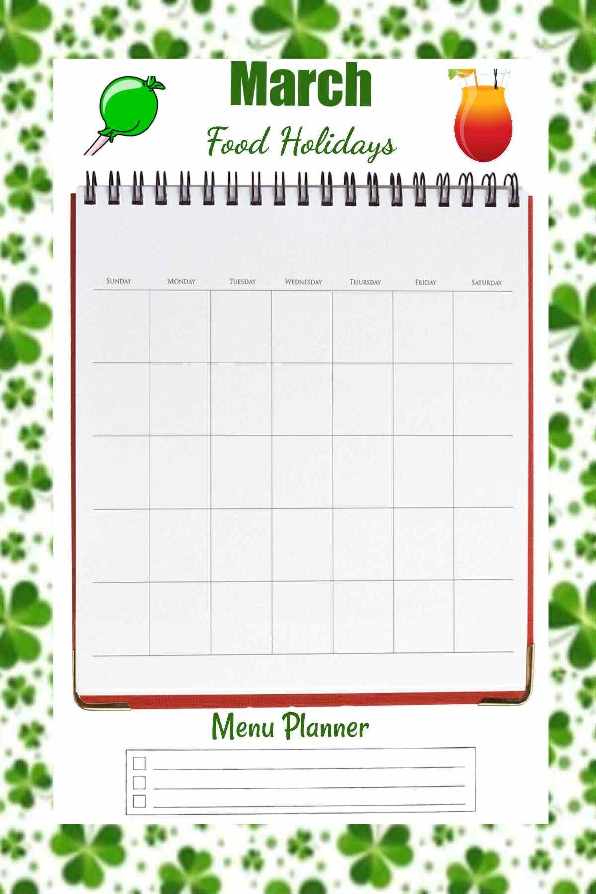 Shamrock background with a March food holidays planner.