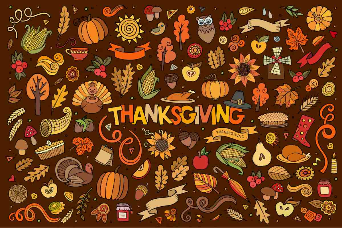 A brown background with the symbols of Thanksgiving in small graphics printed over the the background all around the word "Thanksgiving".