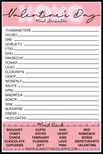 Valentine's Day Word Scramble with Answers - Valentine's Printable