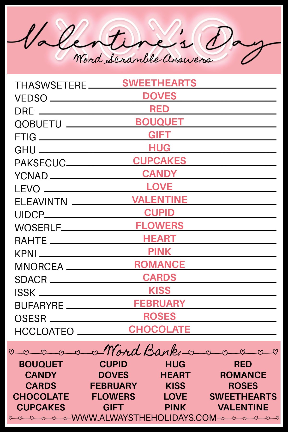 Valentine's Day Word Scramble with Answers - Valentine's Printable