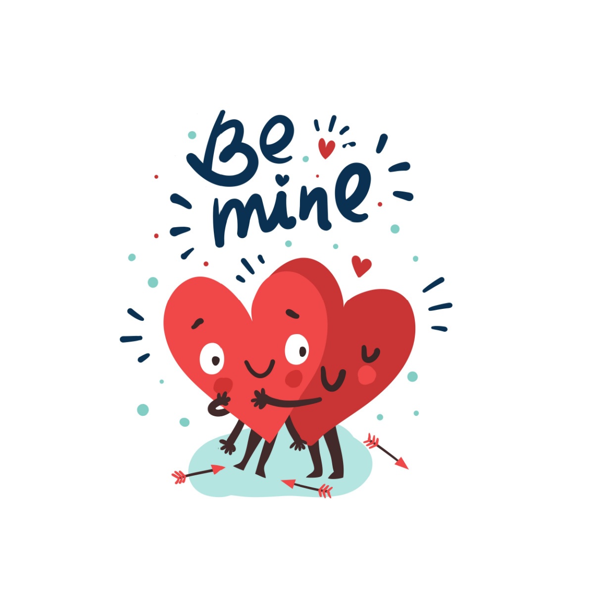 Two cartoon hearts hugging each other standing above Cupid's arrows, with text above them that says "be mine" in blue writing.