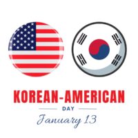 The words Korean American Day, January 13 under two circles, the circle on the left has the flag of the United States, and the circle on the right has the flag of Korea.