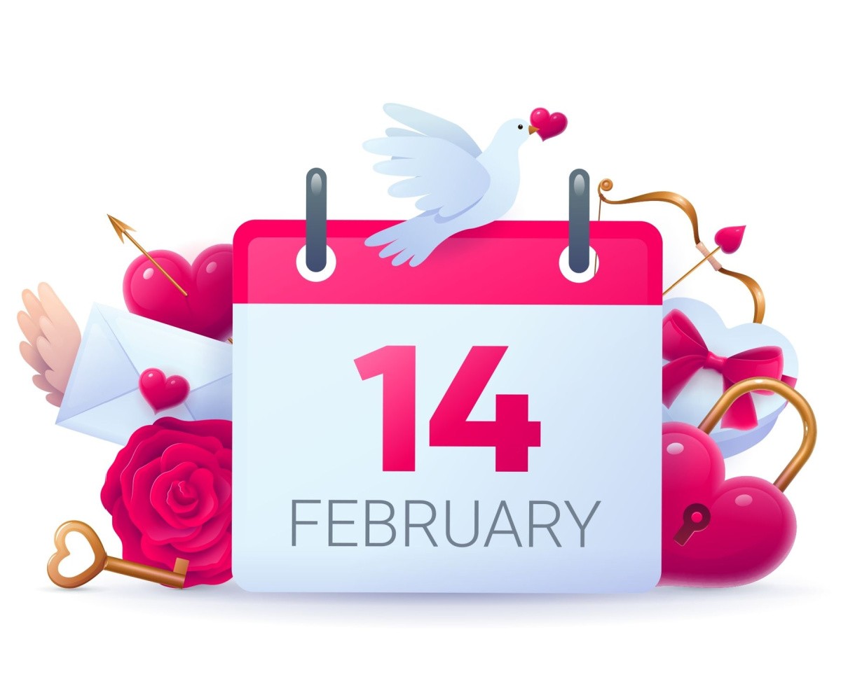 A February 14 calendar page surrounded by hearts, roses and doves to mark the February 14 national days.