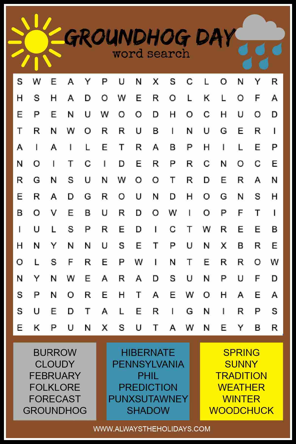 A Groundhog Day printable word search with eighteen words to find listed at the bottom.