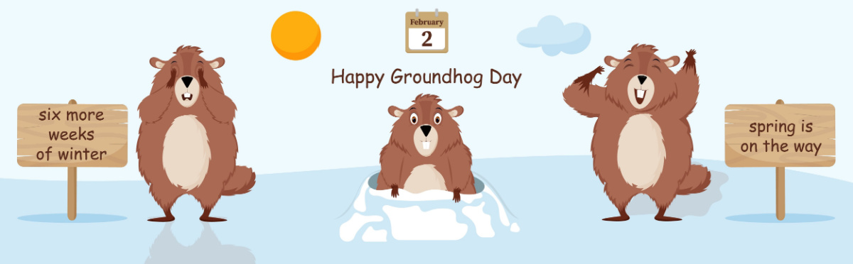 A groundhog emerging from a burrow in between a groundhog predicting spring and a groundhog predicting winter.