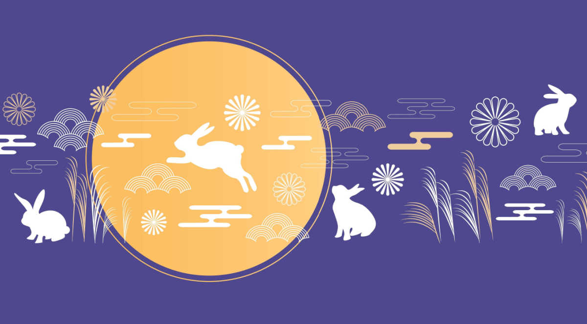 Rabbit, moon and traditional patterns on a purple background.