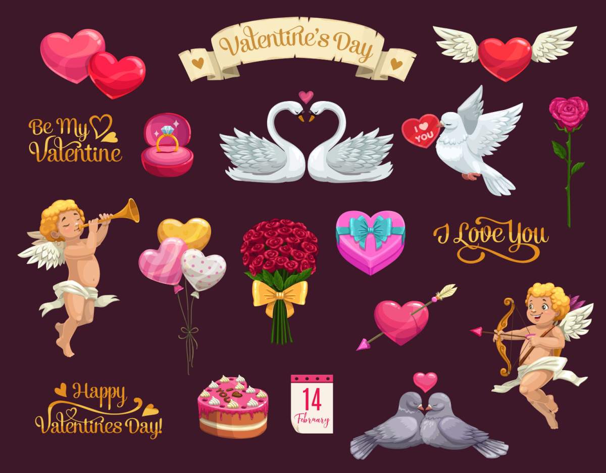 The symbols of Valentine's Day in cartoon symbols on a deep purple background.