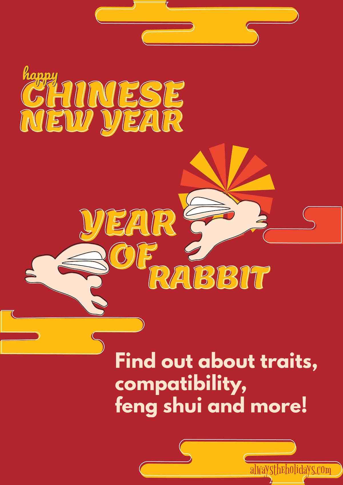 Rabbits jumping and words Happy Chinese New Year, Year of the Rabbit.