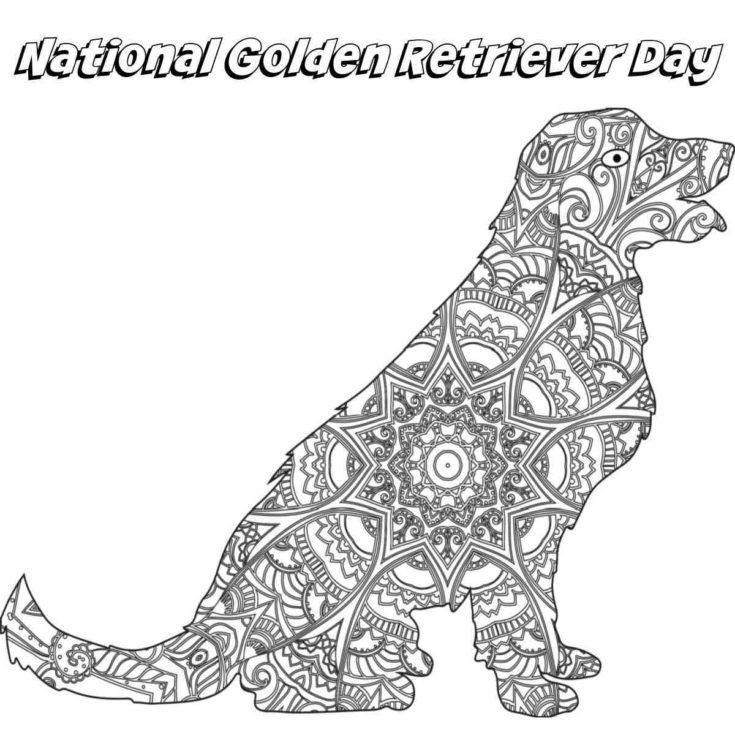 A square golden retriever coloring page for National Golden Retriever Day, which has text at the top, and a golden retriever with a mandala design on its body.