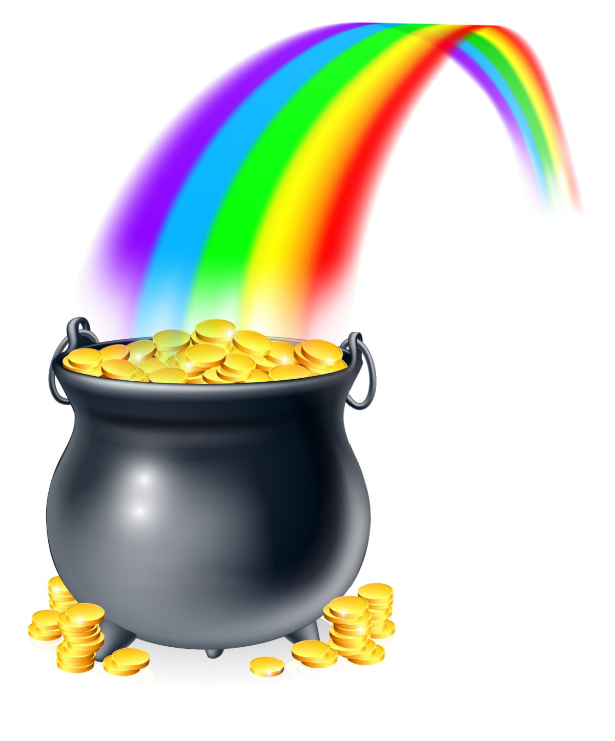 A black pot of gold with a rainbow leading directly to it, and gold around the base on the ground.