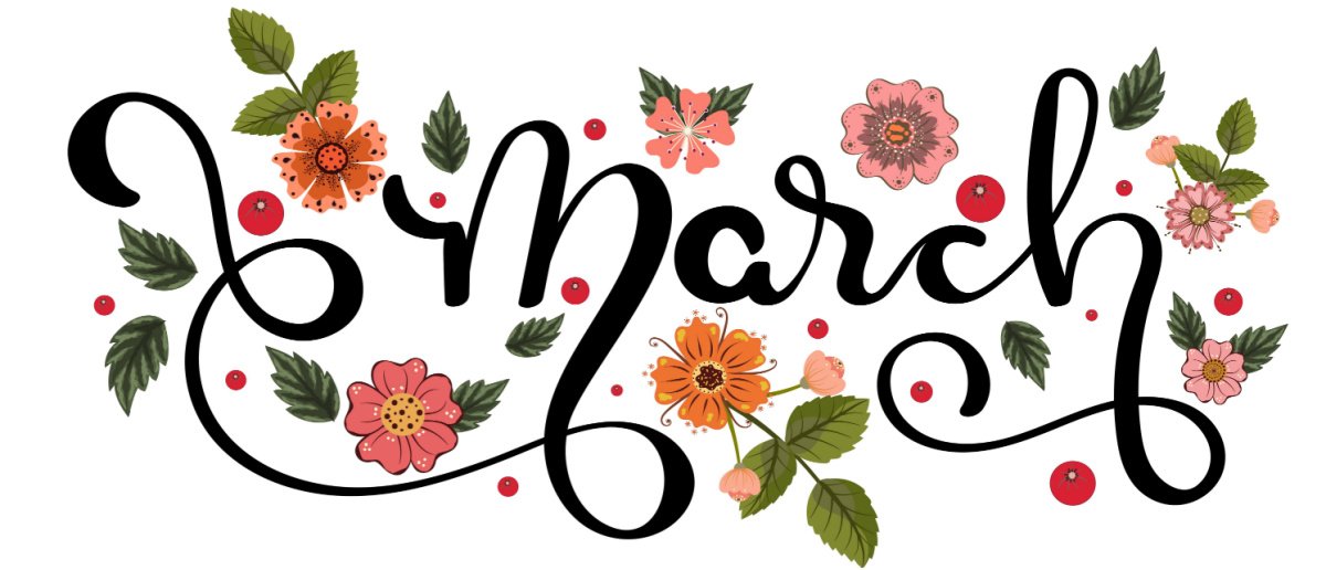 The word "March" in cursive lettering surrounded by illustrations of flowers and leaves for spring.