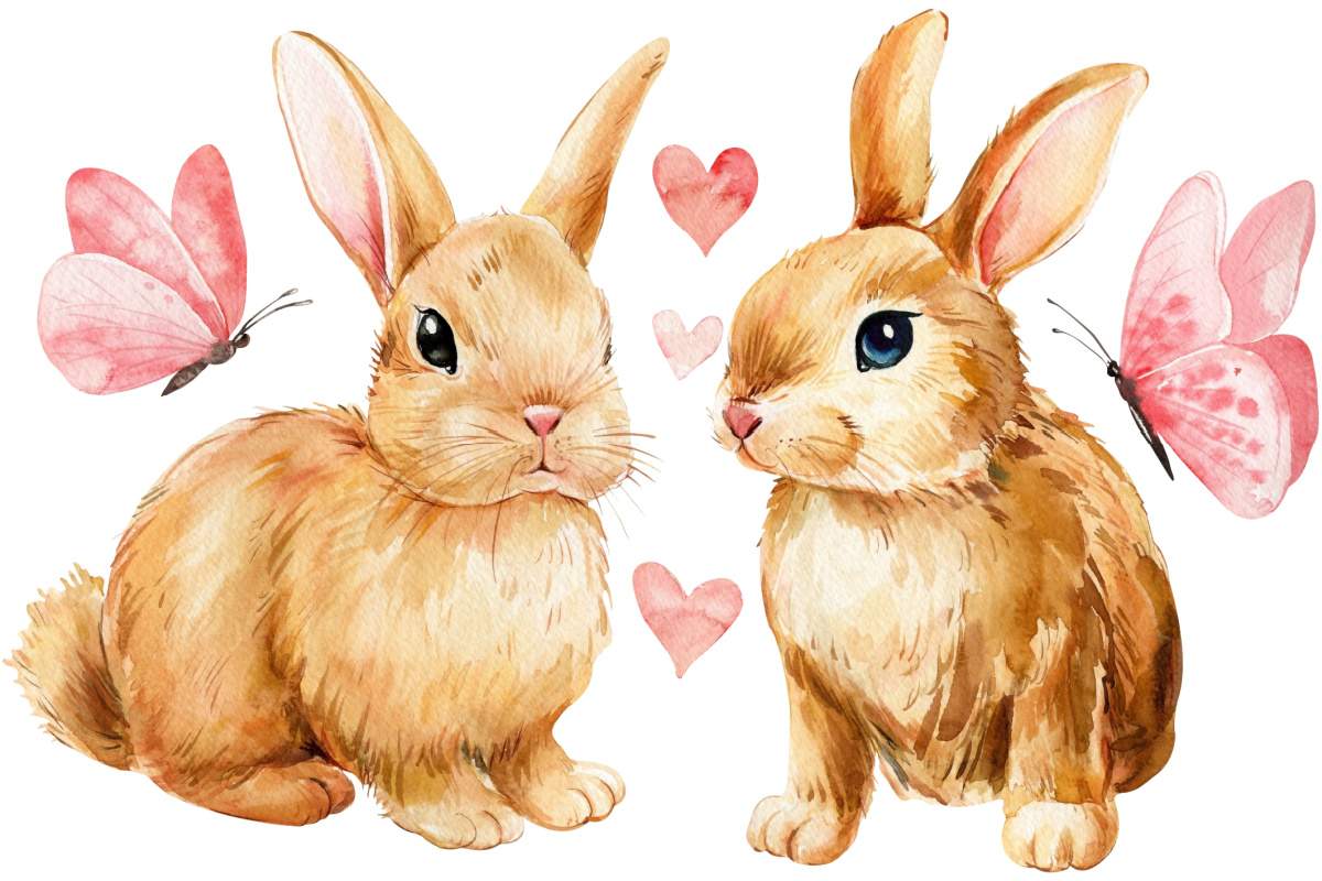 A drawing of two brown bunny rabbits surrounded by hearts and pink butterflies to welcome in spring and Easter.