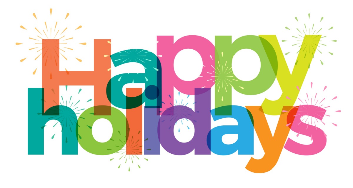 The words "happy holidays" in bright rainbow lettering on a white background.