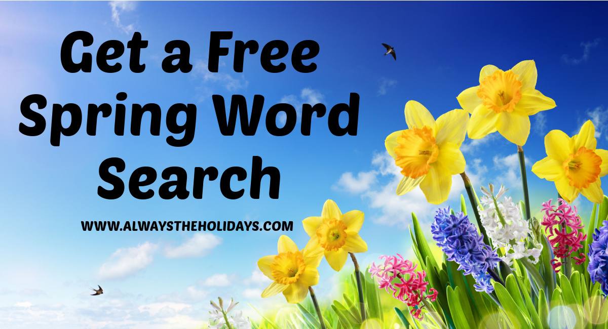 Daffodils against a blue sky with the words "Get a free spring word search" beside them.