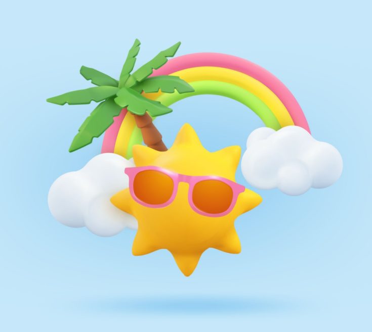 A cartoon sun with pink sunglasses in front of a rainbow and palm tree on a baby blue background with two clouds at the base of each side of the rainbow.