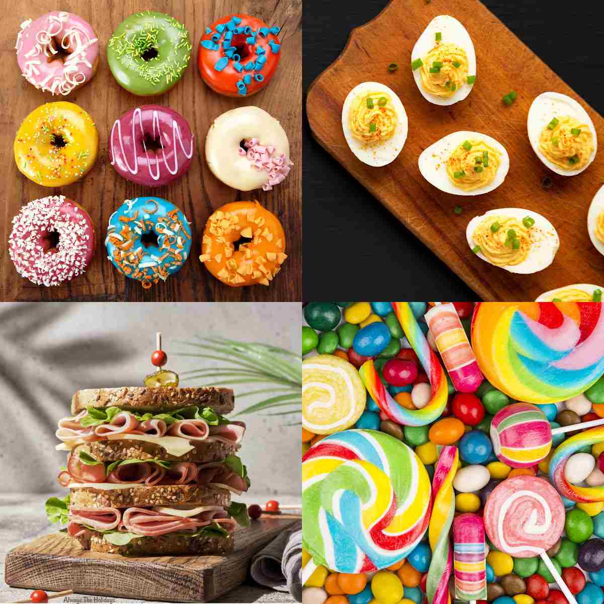 A square with four November national food days featured in it including National Doughnut Day in the top left corner, National Deviled Egg Day in the top right corner, National Sandwich Day in the bottom left corner and National Candy Day in the bottom right corner.