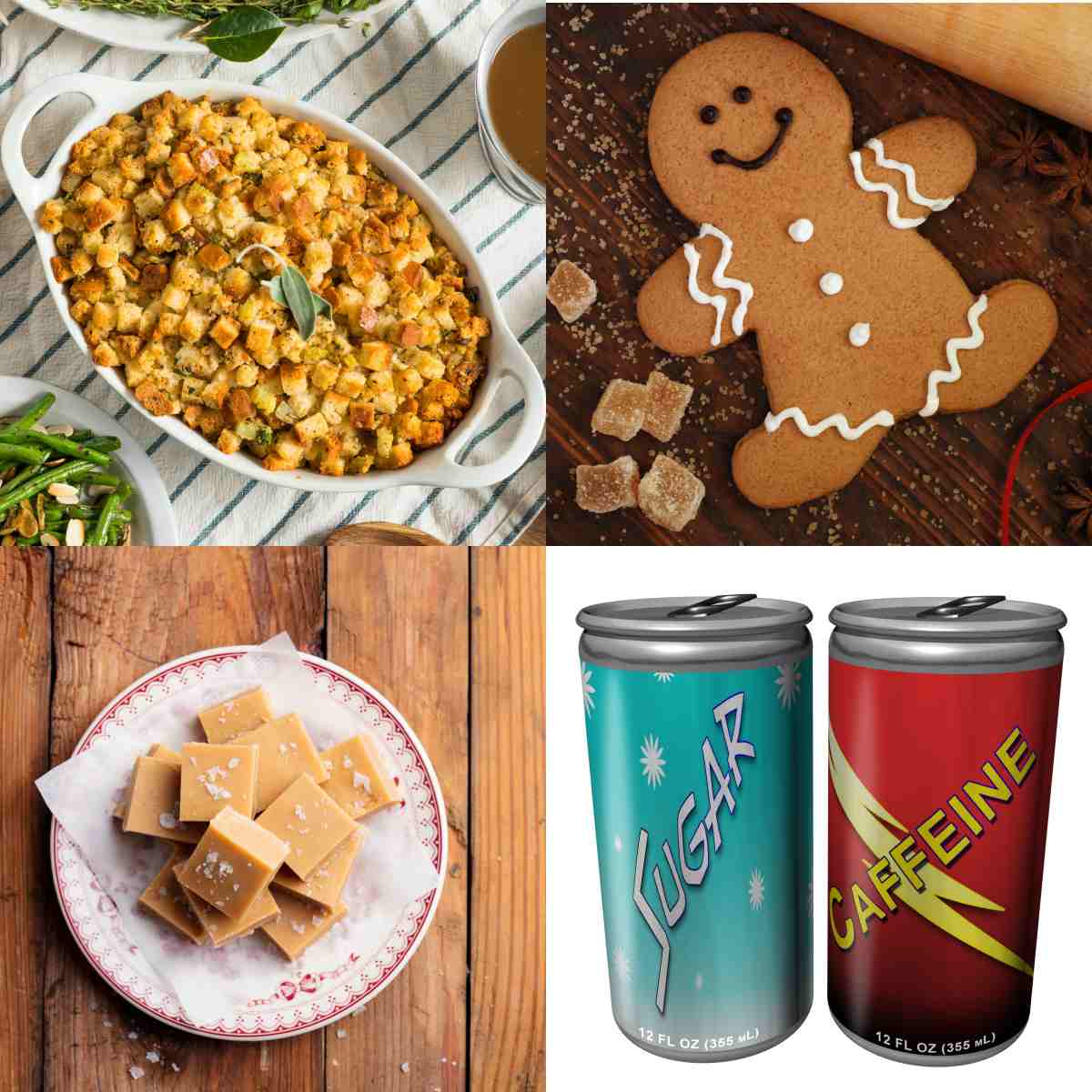 A square of food holidays in November the top left representing National Stuffing Day, the top right representing National Gingerbread Cookie Day, the bottom left representing National Peanut Butter Fudge Day, and the bottom right representing National Carbonated Beverage with Caffeine Day.