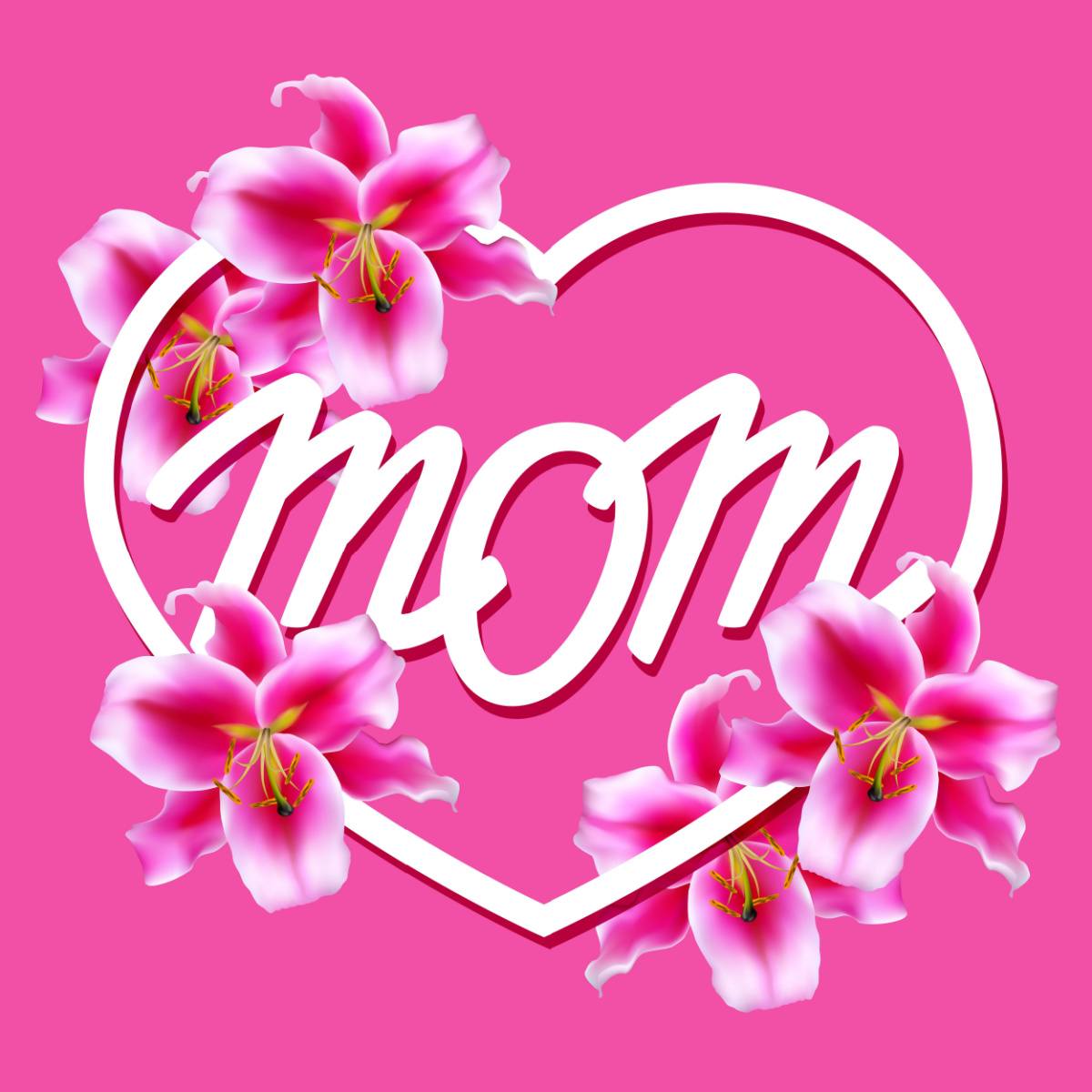 A pink background with a white heart outline surrounding the word mom, with pink day lilies touching the heart outline.