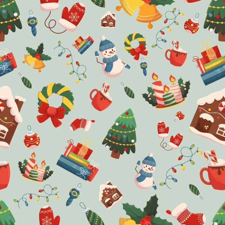 A blue background with Christmas symbols in vector form all over it including a wreath, presents, Christmas tree, holly, mug of cocoa, mittens, gingerbread house and candles.