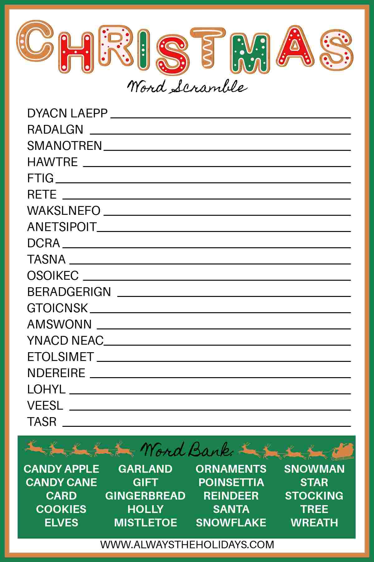 A free Christmas word scramble printable with a word bank at the bottom and the word "Christmas" at the top in brown, green and red gingerbread lettering.