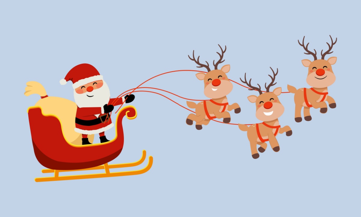 A cartoon image of Santa in a sleigh being pulled by three reindeer with red noses against a blue background.