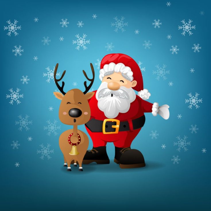 A cartoon image of Santa an one of his reindeer standing against a blue background with snowflakes falling around them.