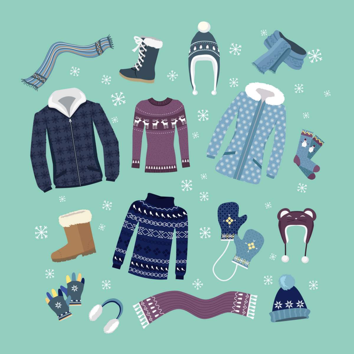 A mint colored background with illustrations of winter clothes (including jackets, earmuffs, hats, boots, mittens, sweaters and scarves) arranged on it.