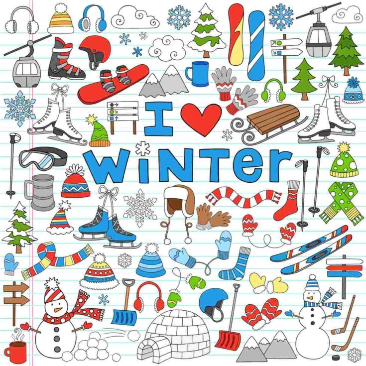 An assortment of winter symbols that depict winter sports and clothing surrounding text that reads I love winter.