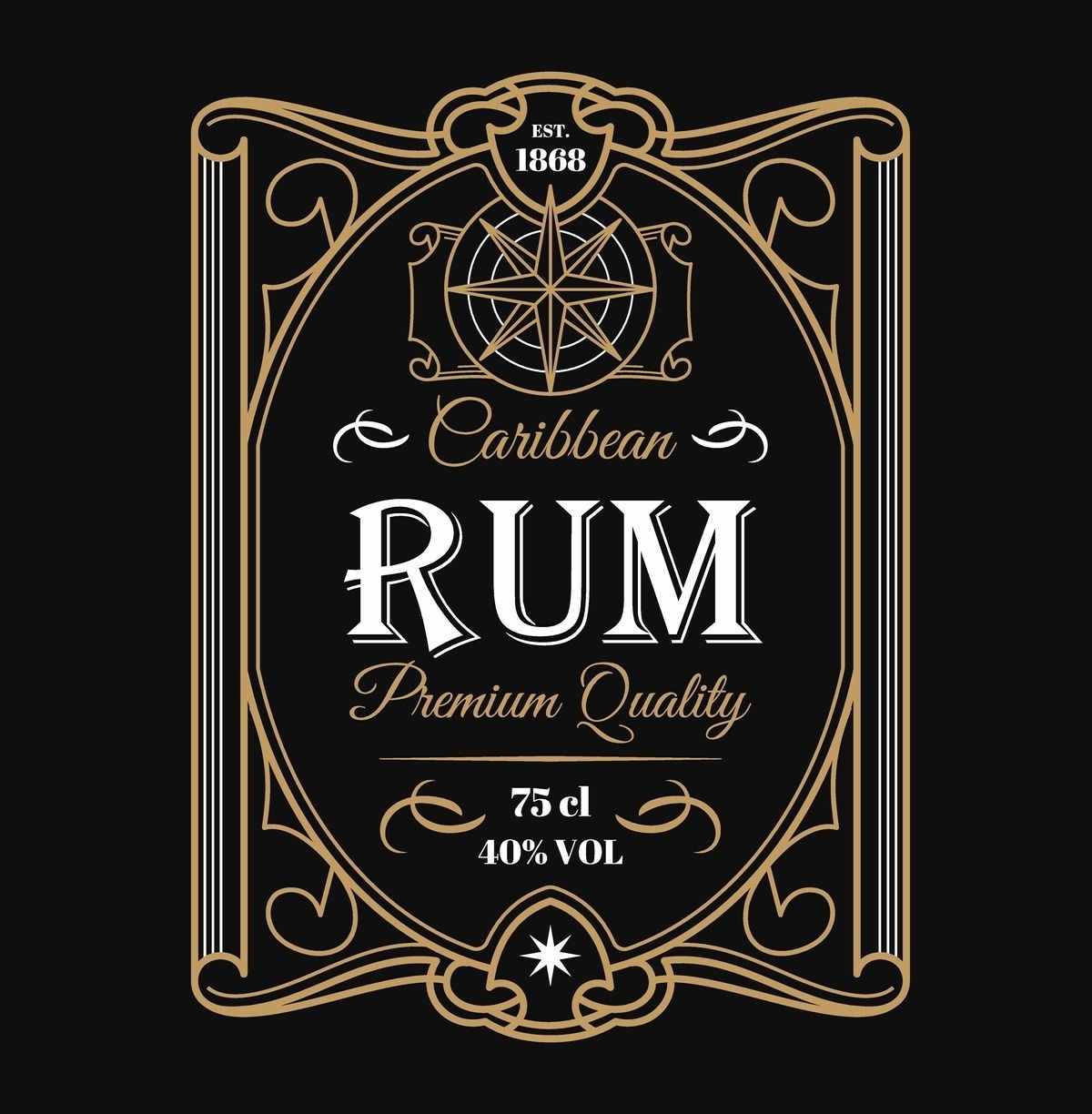 A black rum label, consisting of golden filigree around the word rum in white letters on a black background.