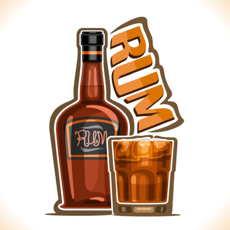 A bottle of rum and a rocks glass filled with ice and rum with the word "rum" in orange letters beside the bottle.