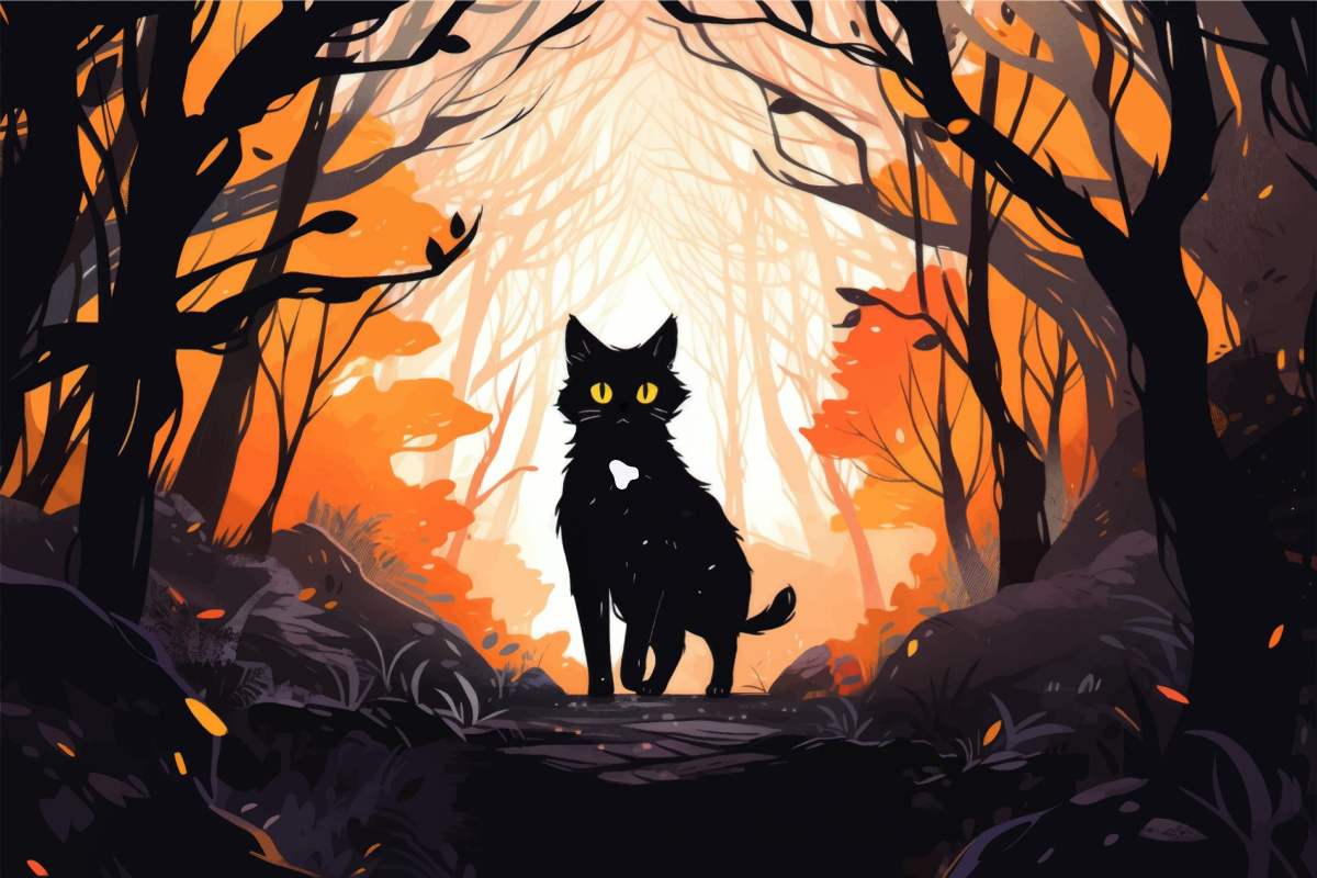 A giant cat sith from Scottish and Irish mythology standing in a path down the center of a spooky wooded area during the fall.