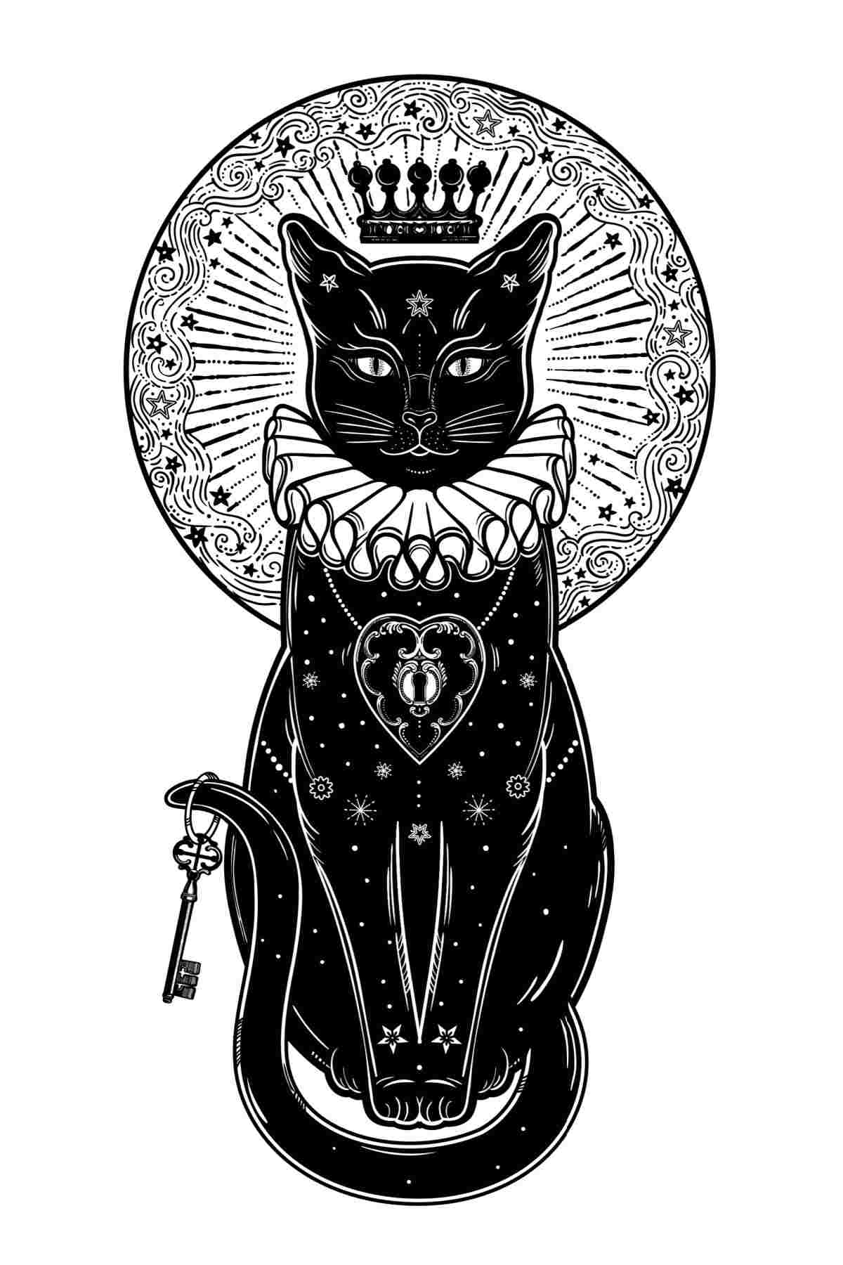A black cat wearing a pleated ruff around its neck, a crown on its head, and necklace with a heart shaped locket around its neck, the cat has a kingly appearance which emulates The King of the Cats named Tim Tildrum.