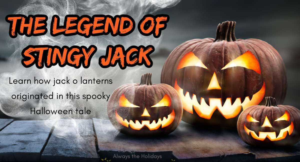Three jack-o'-lanterns sitting on a dock with fog surround them, and a text overlay to the right of them that reads "The Legend of Stingy Jack - learn how jack o lanterns originated in this spooky Halloween tale".