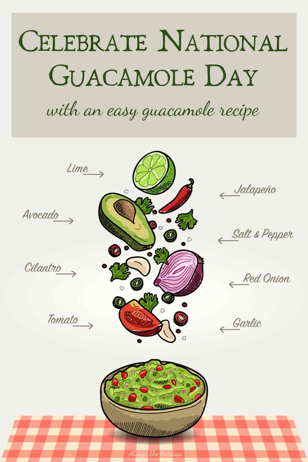 A cartoon image of guacamole ingredients, each of which are labeled, hovering above a bowl of homemade guacamole with a text overlay above it that reads "Celebrate National Guacamole Day with an easy guacamole recipe".
