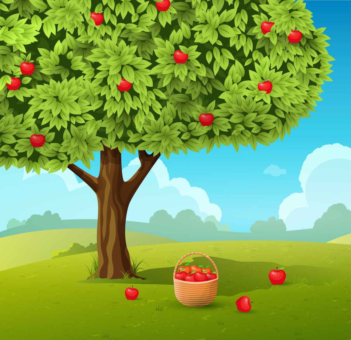A cartoon apple tree with three apples on the ground and a basket of apples underneath it, with clouds and mountains in the background.