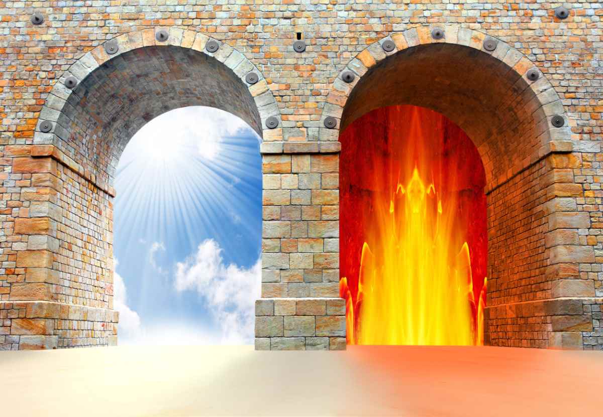Two arched doorways in cream brickwork, the one on the left is a doorway to heaven, and the one on the right is a doorway to hell.