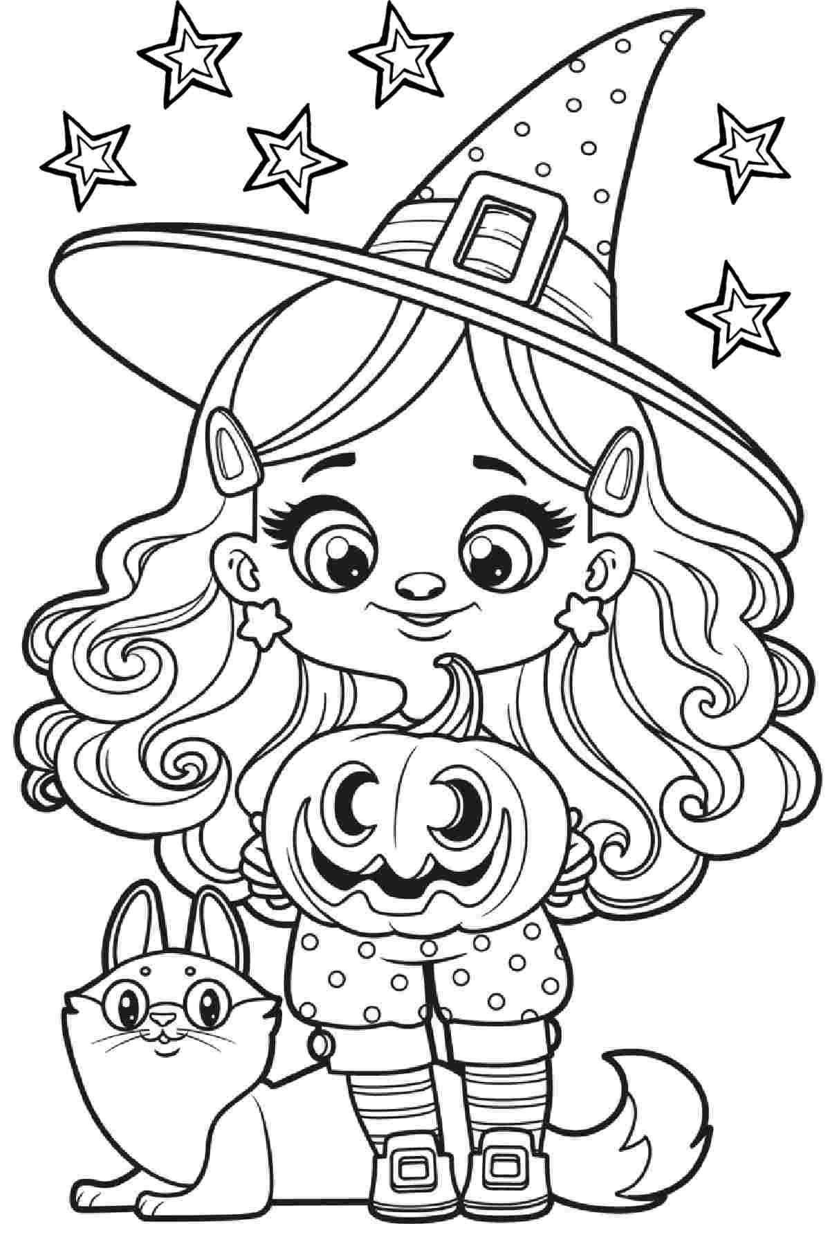 A seasonal printables coloring page, featuring a girl wearing a witches hat, holding a jack o lantern with a cat at her feet, and stars above her head.