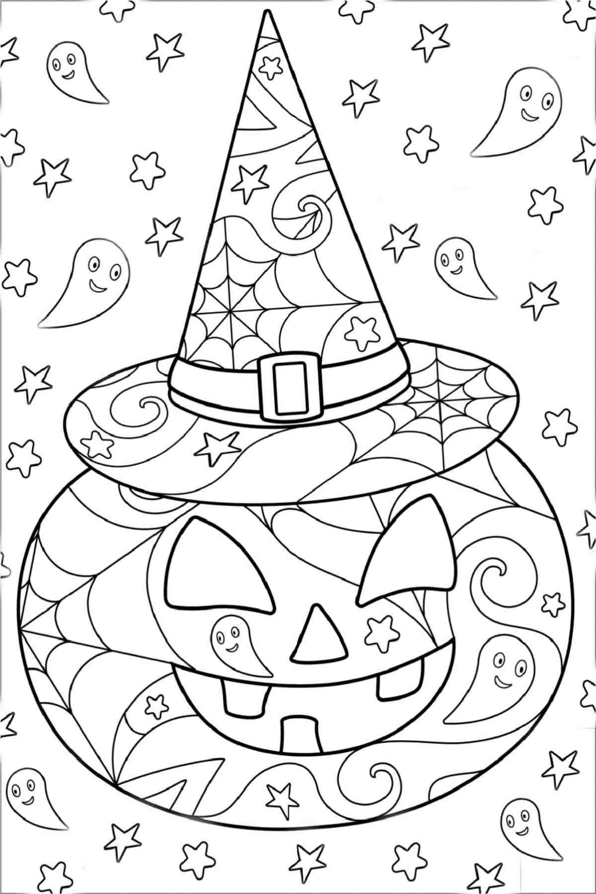 Halloween coloring sheets with a large, toothy, jack o lantern wearing a pointed witches hat in the center of the printable coloring pages, and tiny stars surrounding it.