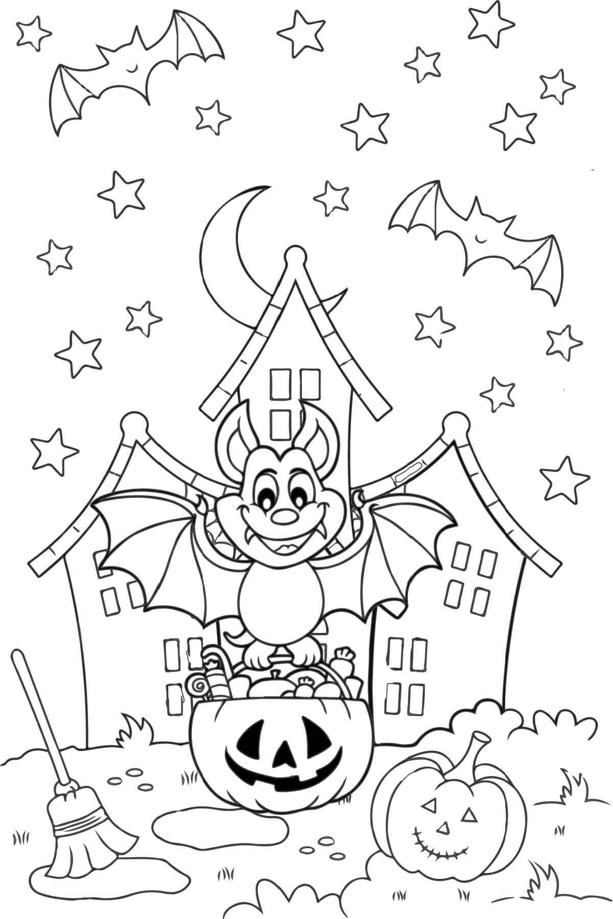 Halloween printable coloring pages depicting a castle on a hill at night, with a smiling bat holding a jack o lantern full of candy in front of it, with a moon, stars, and smaller bats above the castle in this free coloring page.