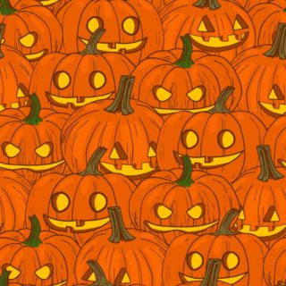 A square image completely filled with smiling jack o lanterns, each one has a slightly different expression, and they are all orange with a yellow light coming from them and and a greenish brown stem at the top.