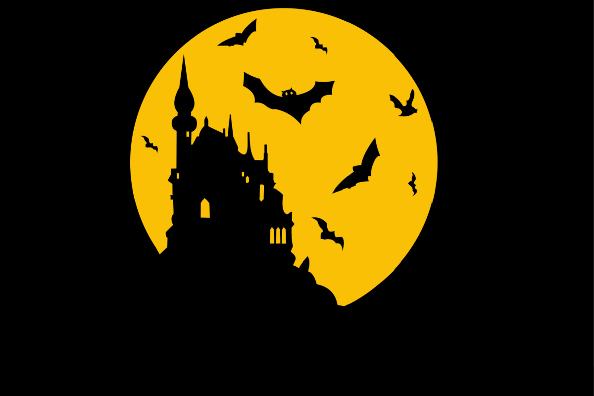 An orange moon with the silhouette of a large castle with turrets, being surrounded by Halloween bats flying around.
