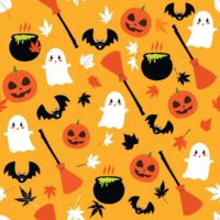 Various symbols of Halloween, including ghosts, bats, and jack o lanterns on an orange background.