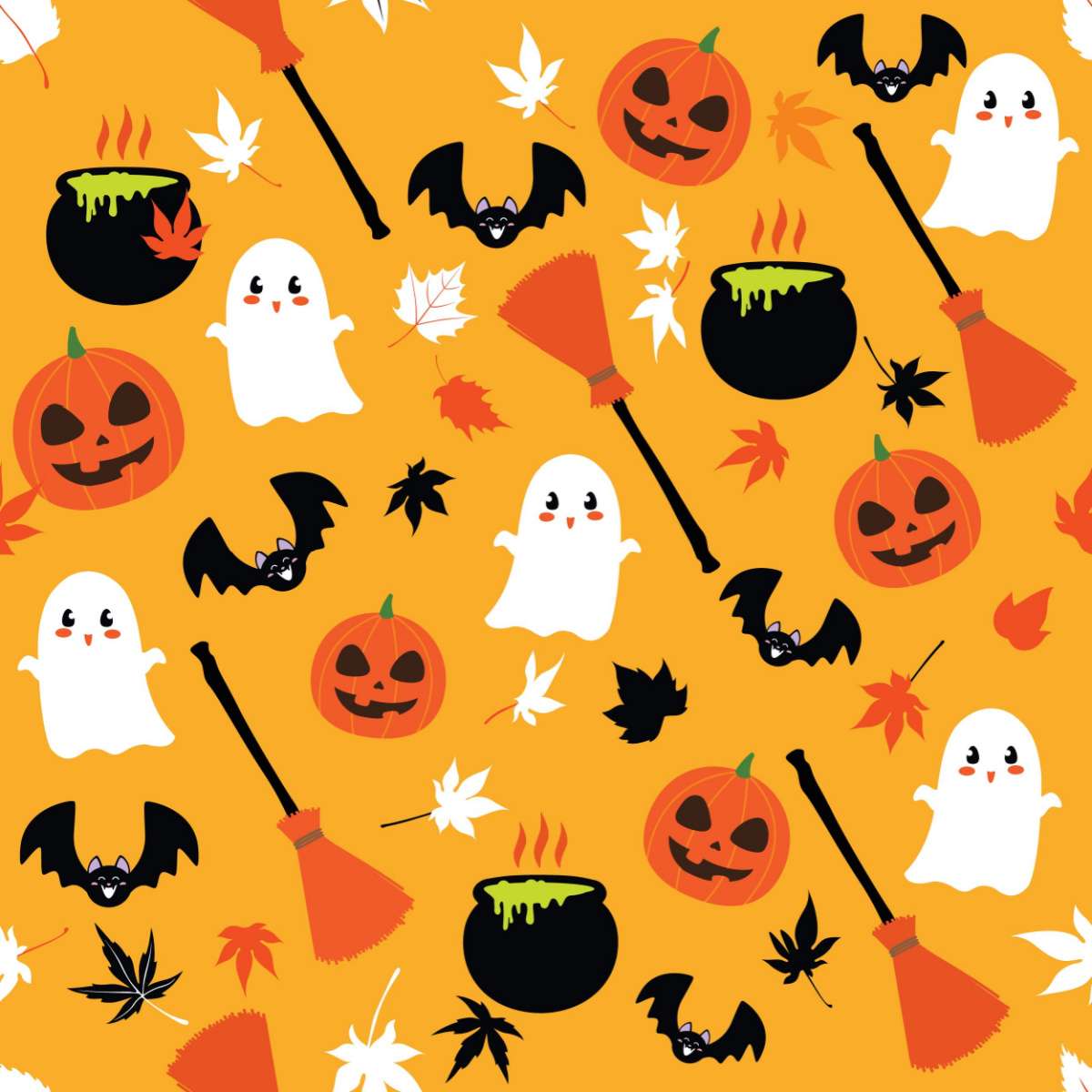 Various symbols of Halloween, including ghosts, bats, and jack o lanterns on an orange background.
